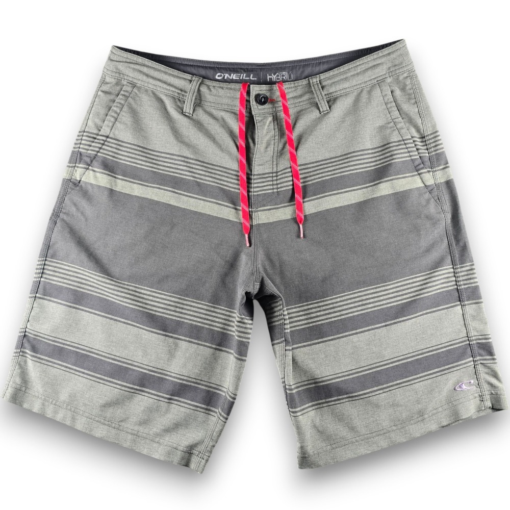 ONeill Hybrid Shorts Mens 36 Grey Striped Board Shorts Pockets Casual 11" Inseam